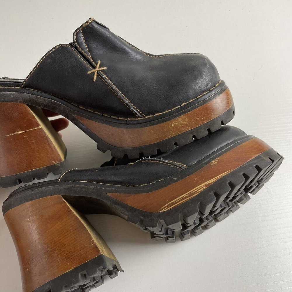90s Y2K Vintage Soda Black Faux Leather Wooden Block Heel Platform Clogs Women 7 - Picture 6 of 12